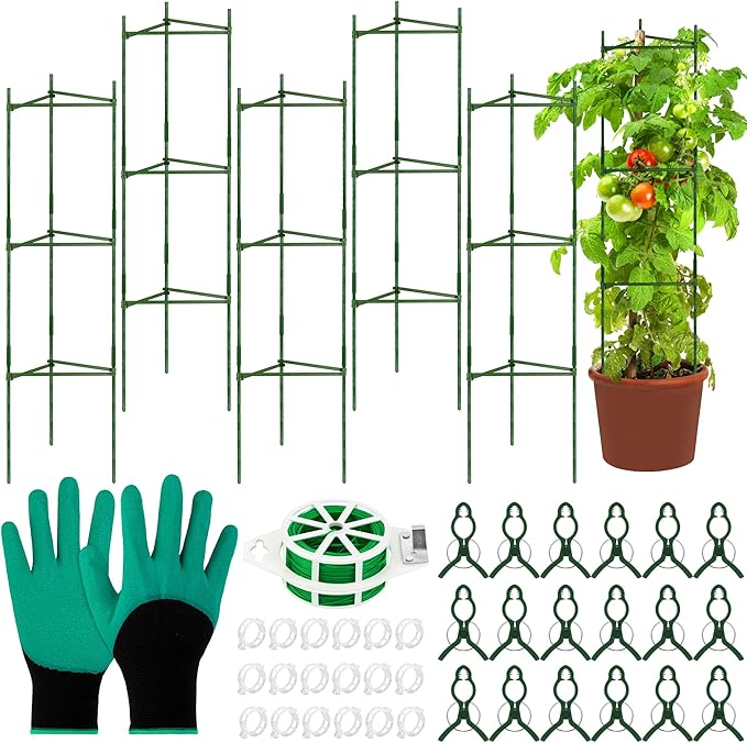 6 Pack Tomato Cages for Garden Plant Support Up to 48 Inches Assembled Vegetable Plant Cages Stakes Support Trellis with Clips and Twist Tie for Vertical Climbing Plants Flowers Fruit, Green