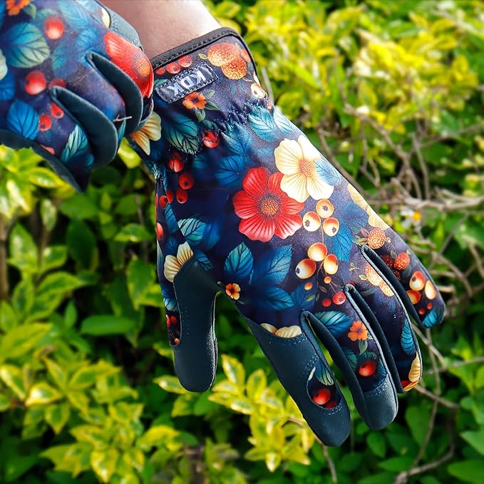 Gardening Gloves for Women, Flexible Breathable Garden Gloves, Leather Working Gloves for Weeding, Digging and Pruning (Flowers and Berries, Medium)