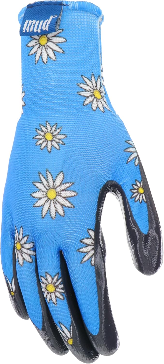 Mud Grip Women's Daisy Printed Polyester Shell and Flat Nitrile Coated Palm Gardening Gloves,