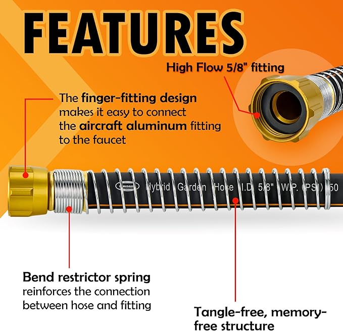 5/8 in. × 50 ft. High Flow Heavy Duty Garden Hose Flexible Hybrid Rubber Water Hose, No Memory Durable Premium Water Hose for Watering, Irrigation, Water Transfer Pump