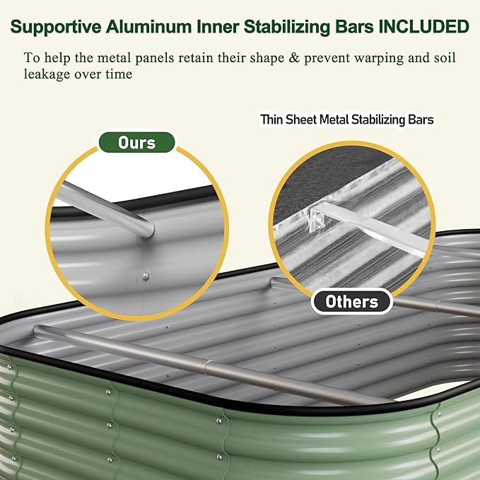 MUPATER 8x4 FT Raised Garden Bed, 24''H Galvanized Metal Planter Box, Modular Kit with 3 Aluminum Support Rods, Large Outdoor Container for Vegetables Flowers, Olive Green