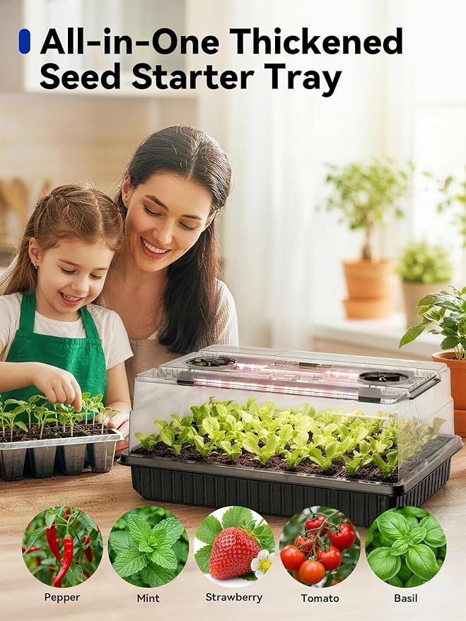 GLOWRIUM Seed Starter Tray with Grow Lights, 54-Cell Seed Starter Kit with 4.3" Humidity Dome, Indoor Seedling Starter Tray with 3/9/12/16h Timer, Adjustable Brightness Seed Starting Trays (2 Pack)
