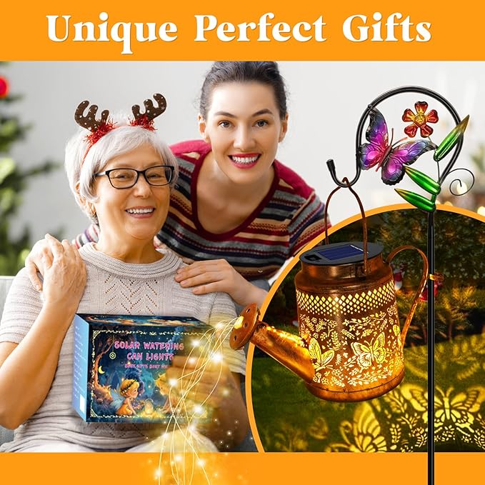 Big Solar Butterfly Watering Can Lights, Gift For Mom Grandma Women Wife Daughter Mother's Day, Waterproof Hanging Lantern Lights With Shepherd Hook, Outdoor Decor For Garden Patio Yard Porch Backyard