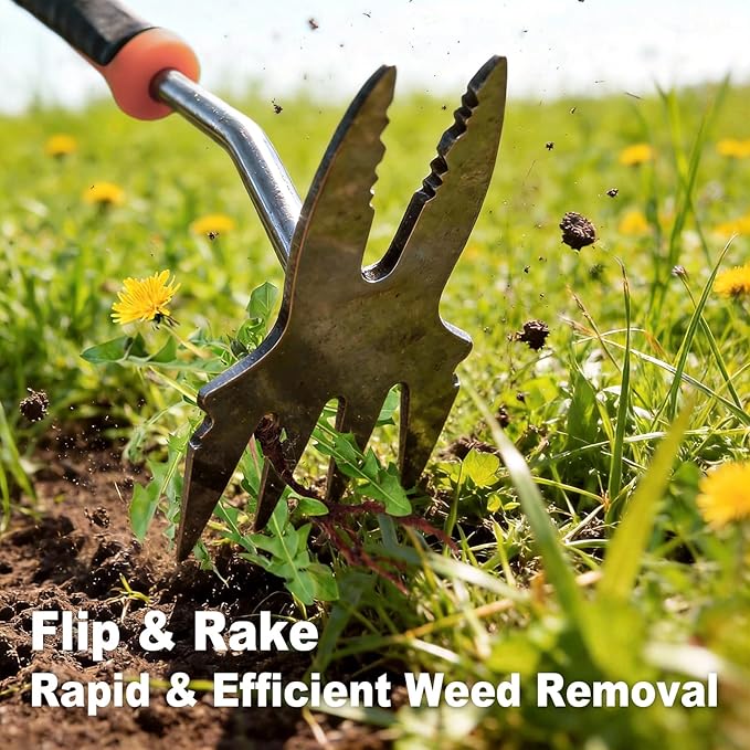 Hand Weeder Puller Tool, Heavy-Duty Stainless Steel Root Removal Tool with Ergonomic Non-Slip Handle, Manual Dandelion Remover for Garden Lawn Yard, Handheld Weeding Tool for Deep Roots, red