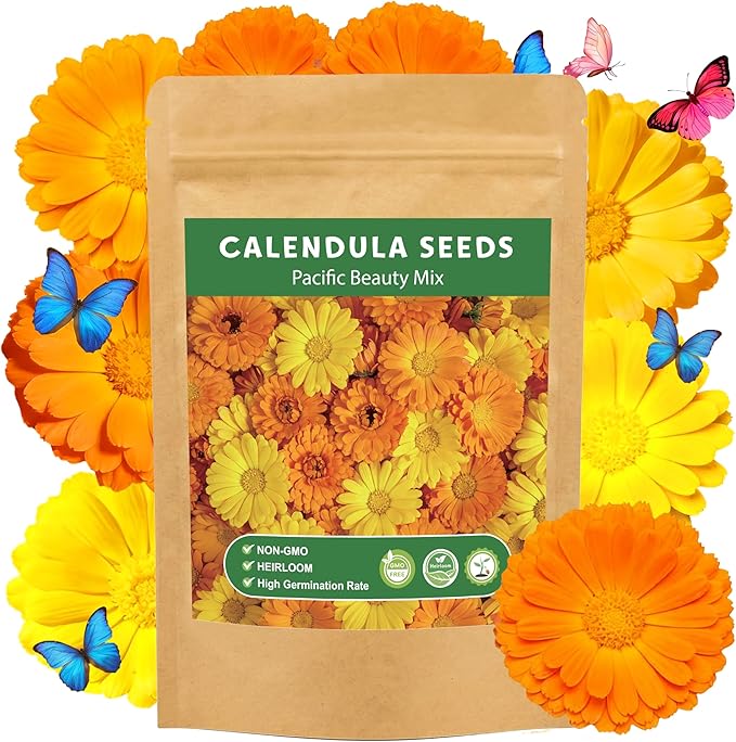LUOJIBIE Calendula Seeds, Calendula Seeds for Planting Outdoor & Indoor, 8,000+ Pacific Beauty Mix Annual Flower Seeds Bulk, Non-GMO Flower Seeds, Large Blooms, Easy to Grow