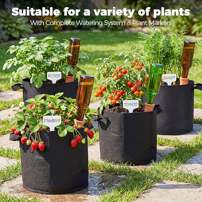 5-Pack 10 Gallon Grow Bags for Potato Tomatoes Vegetables, 5 Pack Terracotta Plant Self-Watering Stake Spike for Outdoor Indoor Plants, 300g Heavy Duty Thickened Nonwoven Fabric Cloth Pot Planting Bag