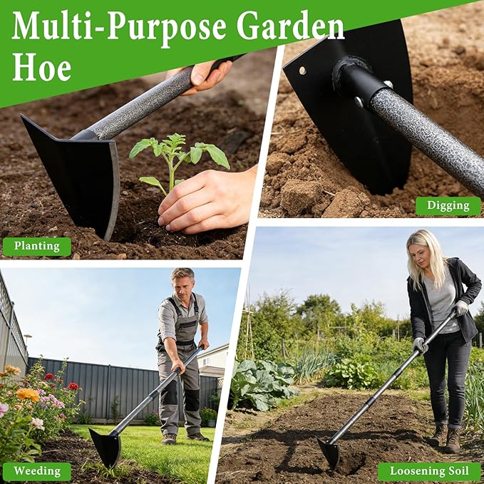 Garden Hoe, Heavy Duty Trenching Hoes with Adjustable Long Handle 30-72 Inch, Sharp Edge Triangle Weeding Hoe Garden Tools for Weeds Removal,Cultivating,Digging,Loosen Soil, Trenching