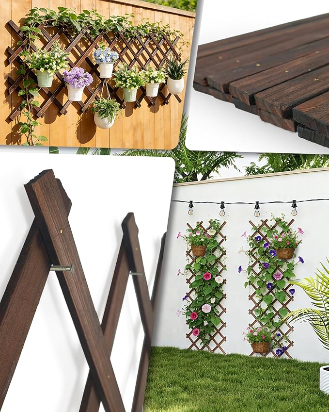 2 Pack Expandable Wooden Lattice Fence Panel, 2.2 x 5.2 Ft Wood Garden Trellis for Climbing Plants, Outdoor Privacy Fence Wall for Ivy Rose Vine, Patio Yard Balcony Decor