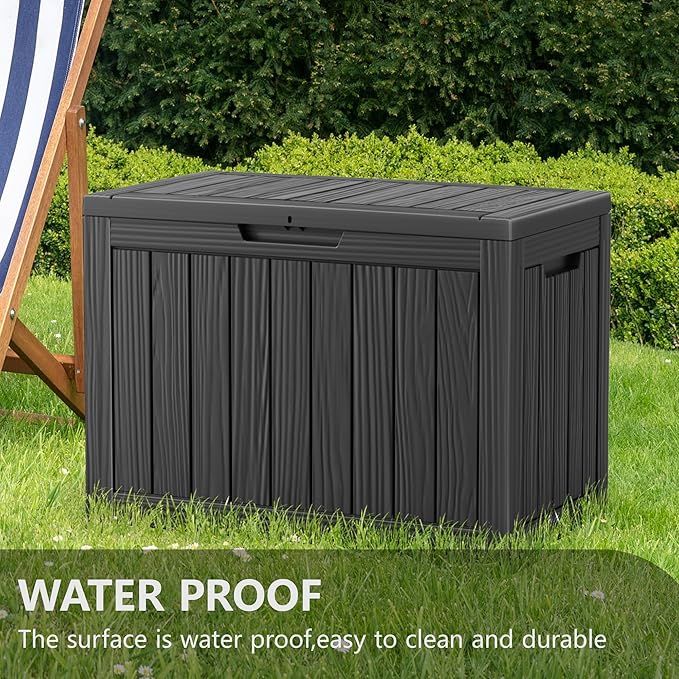 Vixzen 46 Gallon Resin Deck Box, Lockable Outdoor Storage Box for Patio Cushions Storage Furniture,Garden Tools, Pool Supplies, Weatherproof and UV Resistant（Black，46 Gallon）