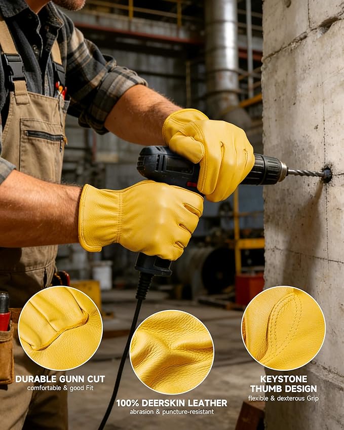 OZERO Leather Work Gloves: Mens Deerskin Gloves Soft Breathable Abrasion Resistant Gardening Firewood Glove - for Driving Riding Yardwork Ranch Farm Hunting Garage DIY for Men & Women (Gold,M)