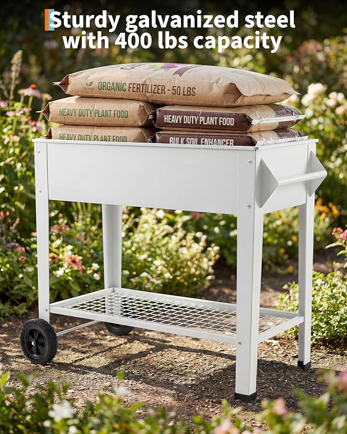 Garvee Elevate 39" Raised Garden Bed with Wheels & Storage Shelf, 400 Lbs Capacity, Anti-Rust Steel Planter Box for Vegetables & Herbs, Patio/Balcony/Backyard