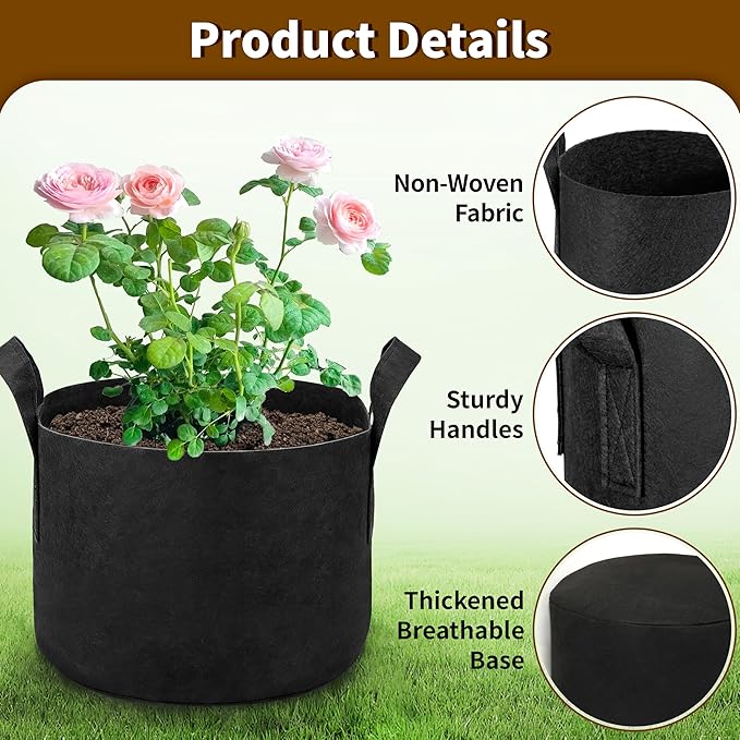 6 Pack 5 Gallon Grow Bags, Heavy Duty 300g Nonwoven Fabric Plant Pots with Reinforced Handles, Breathable Tomato Potato Vegetable Grow Bags for Garden & Patio - Black