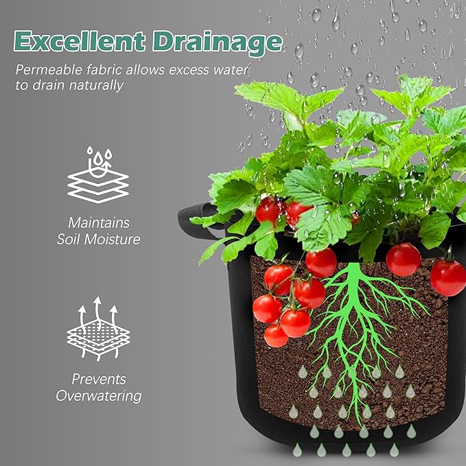 5-Pack 10 Gallons Grow Bags - Heavy Duty 300G Thickened Aeration Nonwoven Fabric Pots with Handles - Ideal Cloth Pots for Plants - Planters Accessories, Garden Vegetables Supplies