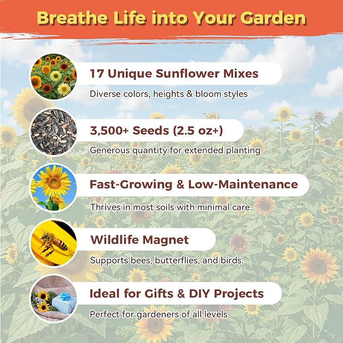 Sunflower Seeds for Planting | Giant Mammoth Sunflower Bulk Packet 3000+ Heirloom Seeds | High Germination, Open Pollinated Sunflower Seeds to Plant for Home Garden, Outdoors & Attracts Pollinators