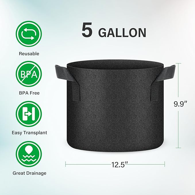 YSSOA 5-Pack 5 Gallon Grow Bags, Aeration Nonwoven Fabric Plant Pots with Handles, Heavy Duty Gardening Planter for Potato, Tomato, Vegetable and Fruits, Black 2024 Version