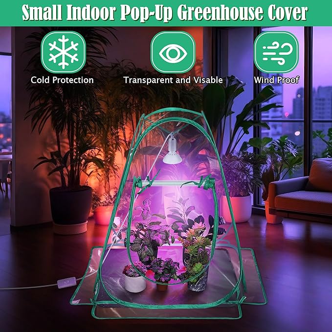 Meonum Small Greenhouse for Indoor Outdoor, Pop Up Mini Greenhouse with 10W 200 LED Grow Light Bulbs, Waterproof Bottom Mat for Indoor Outdoor Plants Seed Starting(27" x 27" x 30")