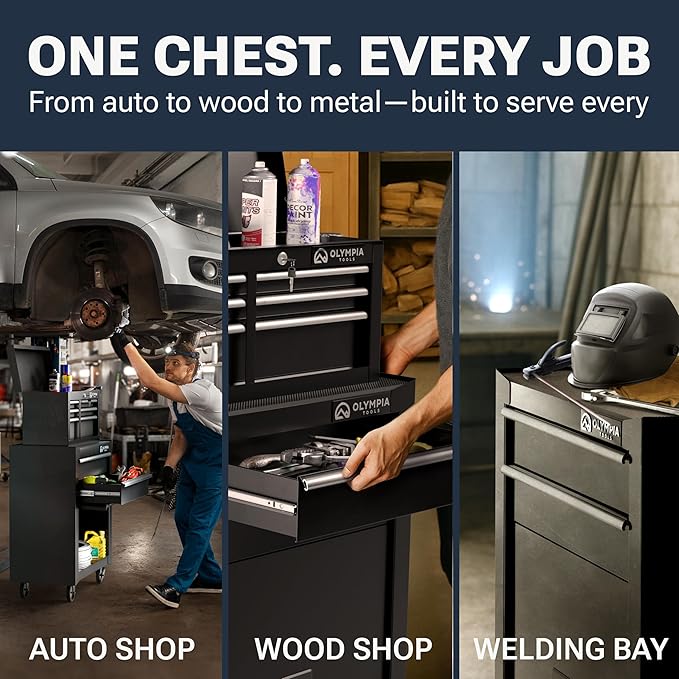 Olympia Tools Tool Chest Cabinet with Drawer - Tool Box with Ball Bearing Fully Extendable Drawers Garage Storage Tools & Equipment (26.5IN Combo Rolling Tool Chest)