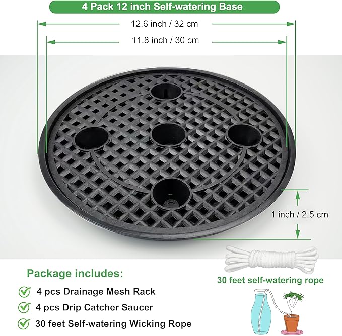4 Pack 12 inch Self Watering Pot Base for Fabric Grow Bags, Self-watering Plastic Elevated Plant Saucer Stand, Automatic Bottom Tomato Watering Tray for 5 gallon fabric pots