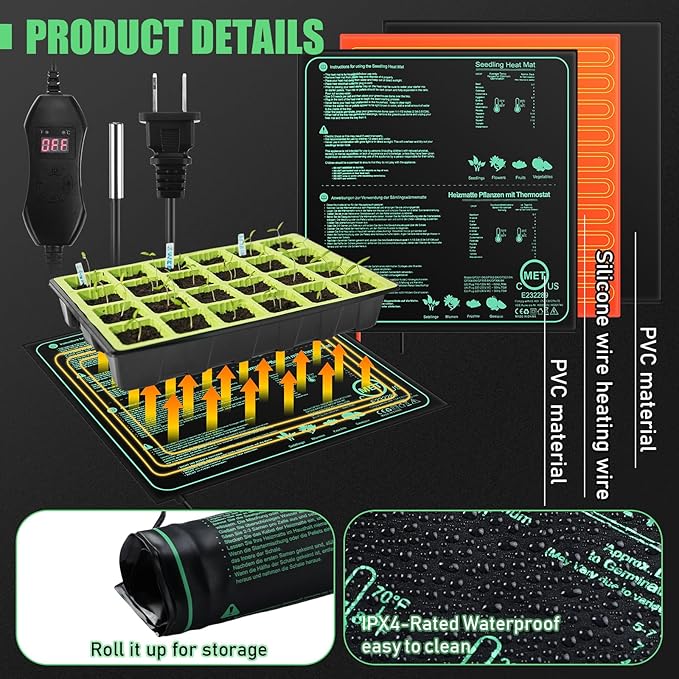 ROCEEI 2 Pack Seedling Heat Mat 20 x 20.75 Inch with Digital Thermostat Controller Waterproof Plant Seedling Heat Mat for Germination, Hydroponics, Brewing, Breeding, Indoor Gardening and Greenhouse