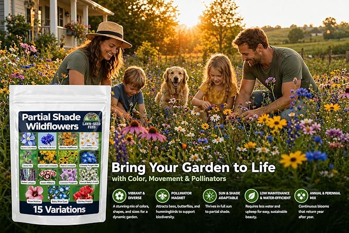 Partial Shade Wildflower Mix Seed (1oz) – Shade-Loving Wildflowers that Produce Vibrant Blooms in Low-Light Areas and Dappled Sun. Perfect for Yards, Garden beds, Fence Lines, and Woodland Edges.