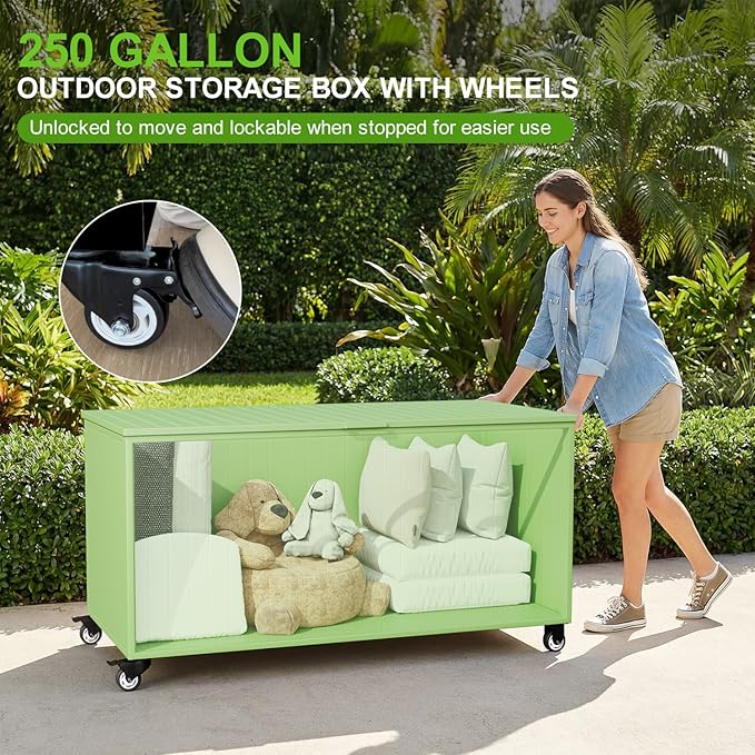 Outdoor Storage Box with Wheels 250 Gallon, Metal Deck Boxes Waterproof, UV Resistant Patio Storage Box with Lid for Patio Furniture, Garden Tools (Green)