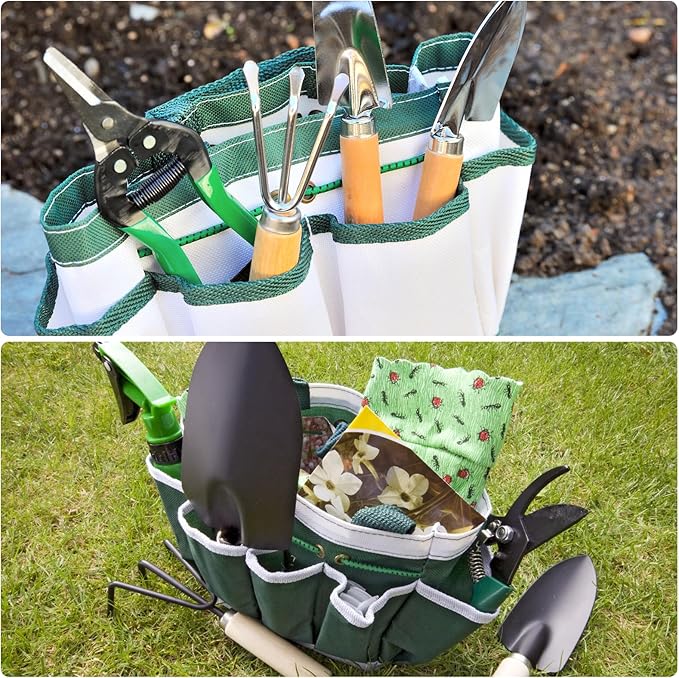 HARFINGTON Garden Tool Bag 7.5" x 8.3" Small Oxford Waterproof with Pockets Garden Tote Bag Gardening Plant Tool Organizer Storage Carrier Store for Outdoor Women Men, Dark Green