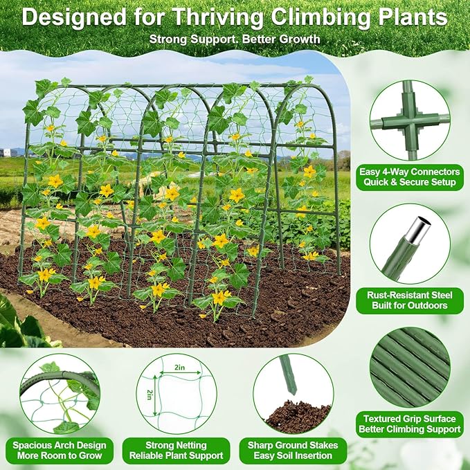 Cludoo Cucumber Trellis for Raised Bed Garden, U-Shape Arch Trellis for Climbing Plants Outdoor, Metal Vegetables Trellis with Netting, Garden Trellis for Cucumber Plants Sweet Pea Bean Grape