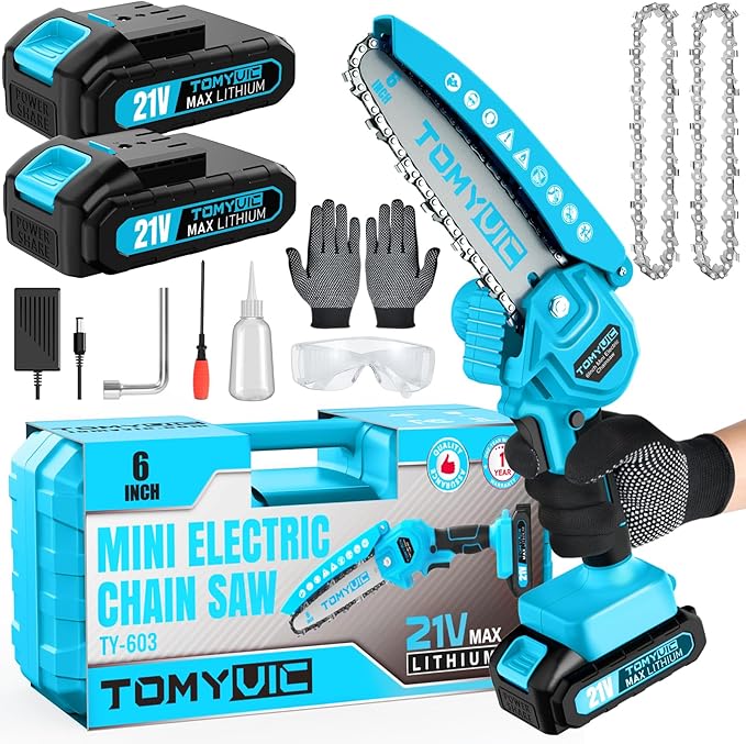 Mini Chainsaw 6-Inch Battery Powered - Best Cordless Small Handheld Chain Saw with 2 Rechargeable Batteries - 21V Power Chain Saws Battery Operated for Tree Trimming Wood Cutting
