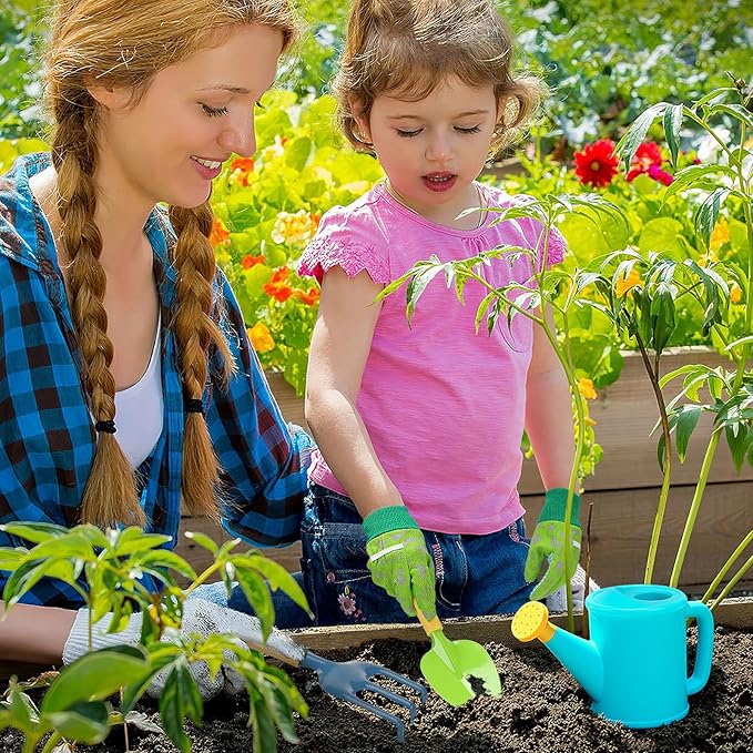 Biubee Kids Gardening Tools Set - Sturdy Kids Watering Can Toy Toddler Children's Gardening Kit Set with Metal Shovel Hand Rake Gloves for Girls Boys Birthday Gift Outdoor Beach Sand, Cyan