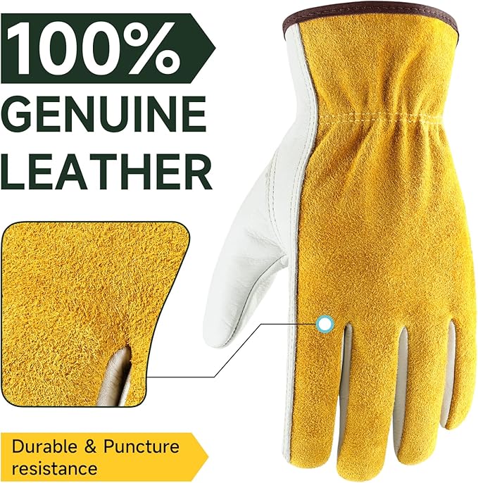 OZERO 24 Pairs Bulk Leather Work Gloves Men, Utility Working Gloves for Construction, Wood cutting, Driving, Water Resistant,Cowhide, Class 4 Tear Strength Resistance, Gold/Light Cyan (Large)