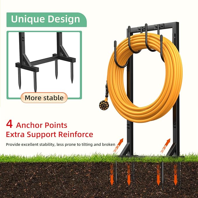 Garden Hose Holder Reel, Upgraded Metal Hose Reels Holds 150ft Hose with 4 Large hooks, Heavy Duty Freestanding Water Hose Holders, Detachable Hose Storage Hanger for Outside