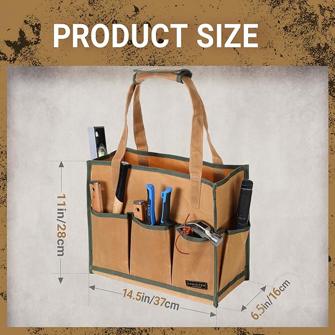 Heavy-Duty 16oz Waxed Canvas Tool Tote Bag - Water-Resistant Wide Mouth Organizer with Reinforced Handle | Large Capacity Tool Storage for Wrenches (16.5" x 12.5" x 6.5", Khaki)