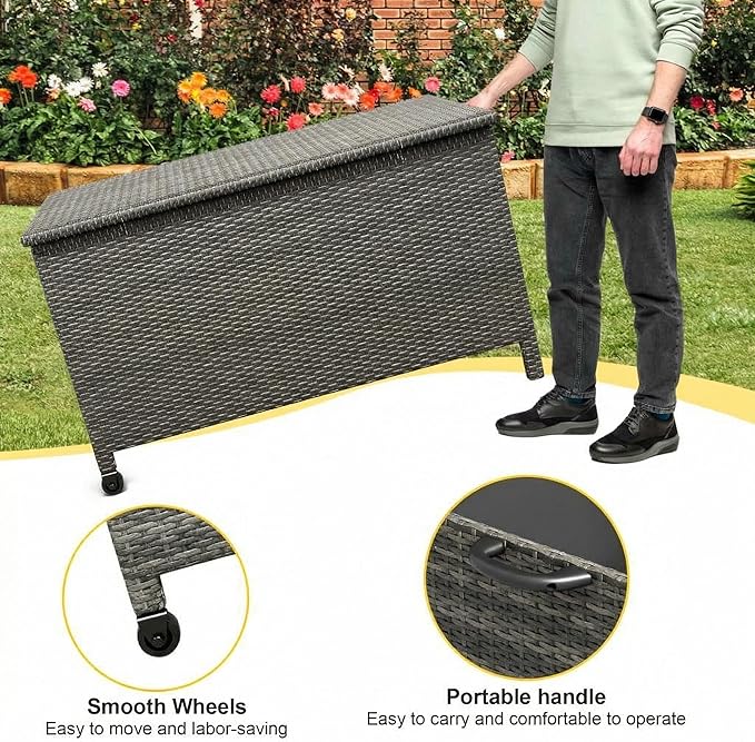 Wicker Deck Box, 185 Gallon All-Weather Outdoor Storage Box, Rattan Storage Bin for Patio Furniture, Outdoor Cushions, Pool Storage and Garden Tools, Grey