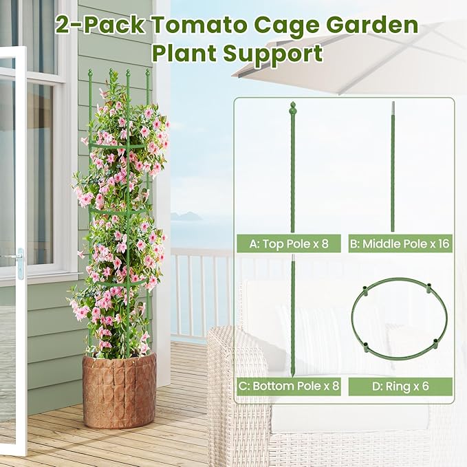 Giantex 2-Pack Tomato Cages, 57”Hx12” PE-Coated Metal Plant Cages & Supports w/Adjustable Height, 2-in-1 Round Trellis for Climbing Flower Vegetable Fruit, Potted Plant (12”Dia x 57”H (Pack of 2))