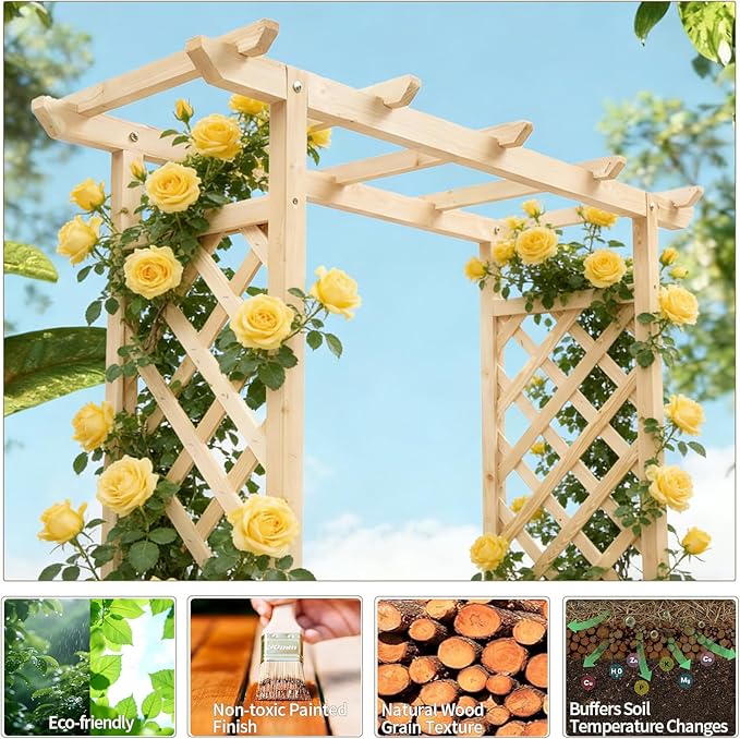 VINGLI Raised Garden Bed with Trellis & Hanging Roof, Wooden Garden Bed, Outdoor Planter Box for Yard, Garden, Balcony (Natural Wood Color, Medium)