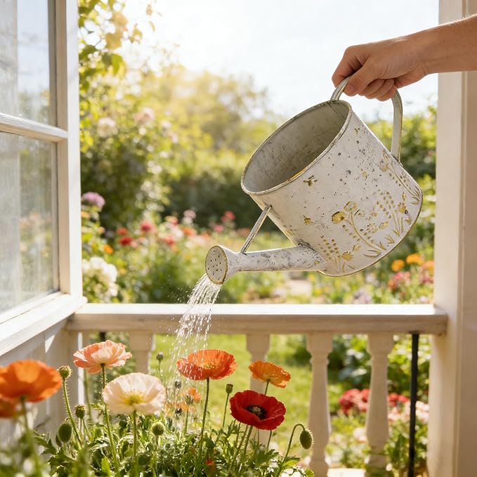 Vintage Metal Watering Can with Floral Embossed Design Garden Distressed White Decorative Watering Pot Planter Rustic Farmhouse Waterer for Home Indoor Outdoor Garden Balcony Courtyard (White#2)