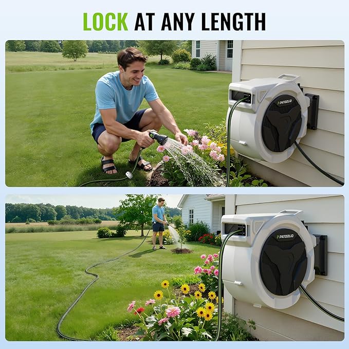 Retractable Hose Reel 100ft 1/2 in, Wall Mounted Garden Hose Reel Heavy Duty with 10 Spray Nozzle, Auto Rewind, 180° Swivel Bracket, UV Resistant