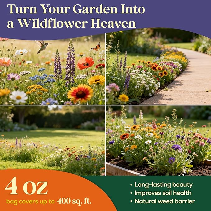 23 Wildflower Hummingbird & Butterfly Mix 4 oz - 100,000 Non-GMO Heirloom Wildflower Seeds for Planting Garden, Perennial Flowers to Attract Bees, Butterflies & Birds in Waterproof Packet