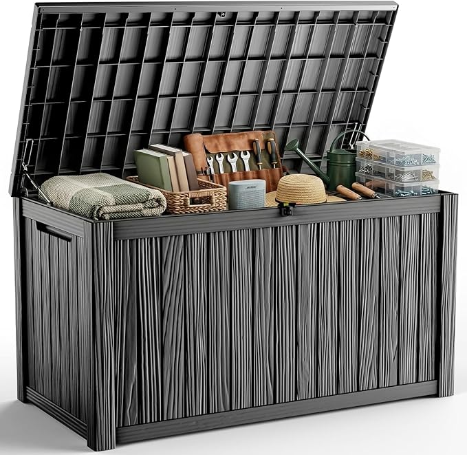 Outdoor Waterproof Resin Storage Deck Box Lockable Outside Bench UV Resistant Bin Patio Porch Furniture Pool Float Garden Tool Cushion (Black, 200 Gallon)