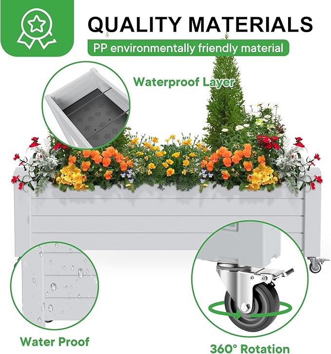 Elevated Raised Garden Bed with Wheels, Outdoor Large Resin Patio Planter Box Stand Divisible with Drain Plug,Water Monitor for Plants Vegetables Flowers Fruits(Ashen)