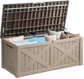 YITAHOME 150 Gallon Large Outdoor Storage Box with X-Shaped Front, Waterproof Resin Deck Box Cushion Storage Bench for Patio, Pool Supplies, Garden Tools- Lockable, Taupe