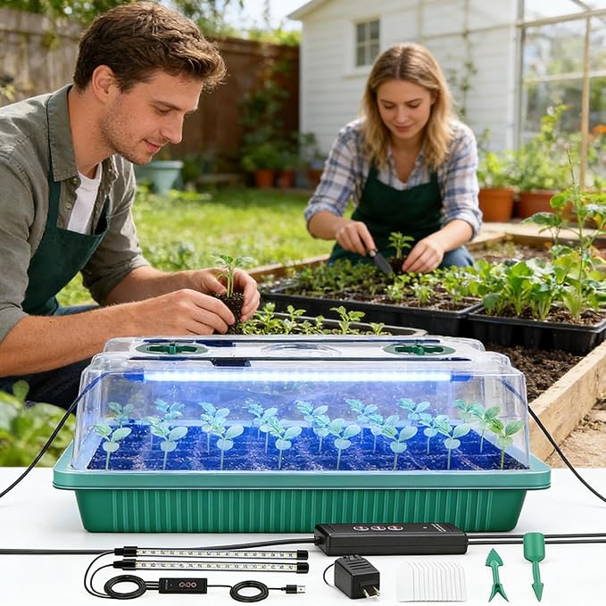 Seed Starter Trays with Grow Lights & Humidity Dome, 40 Cells Self-Watering Seed Starter Kit, Mini Greenhouse Plant Germination Tray & Gardening Supplies