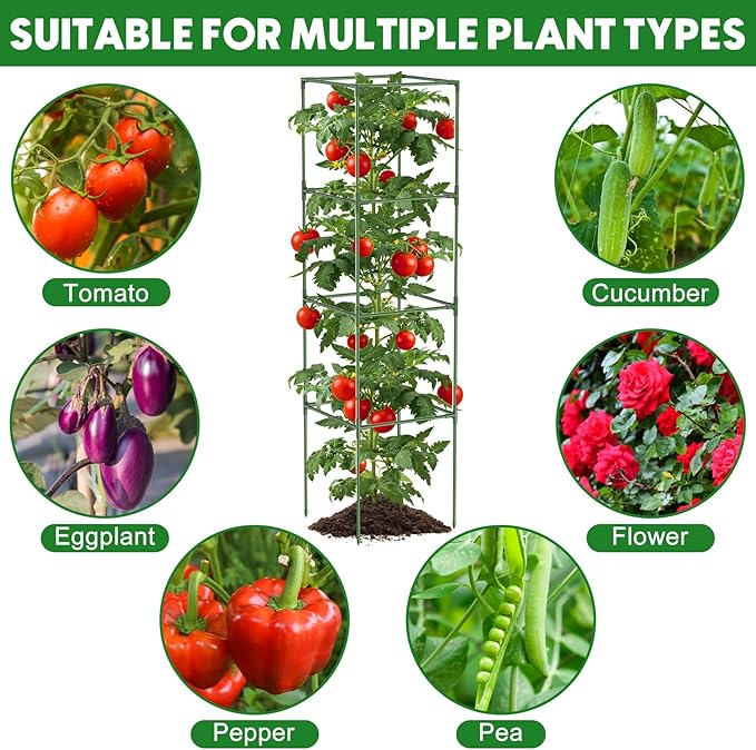 Unves 3 Pack Tomato Cage for Garden, 16" W x 66" H Square Tomato Trellis Plant Support Frame with 50 Pcs Plant Clips, Suitable for Climbing Vegetables, Flowers, and Fruits