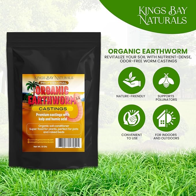 (1.5 Qt) 100% Organic Worm Castings - Made in USA – Natural Earthworm Fertilizer with Kelp & Humic Acid – for Indoor & Outdoor Plants, Potting Soil, Garden Beds & Seed Starters