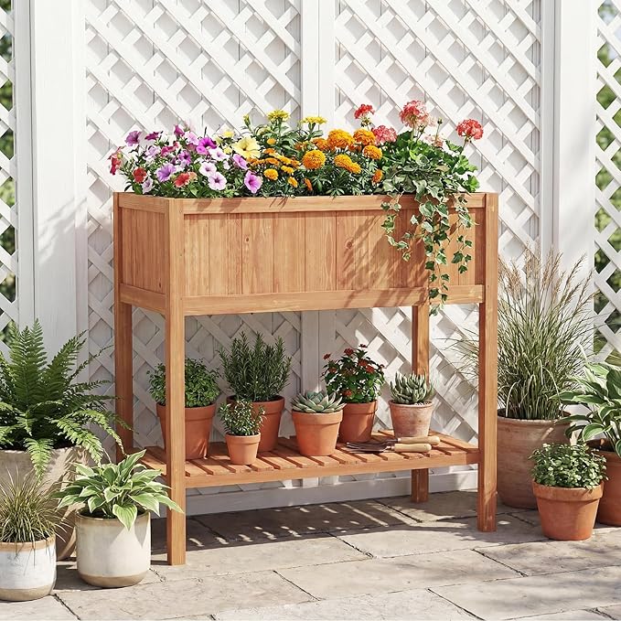 Giantex Raised Garden Bed, Wood Planter Box with Plant Stand & Black Liner, 40"x20"x39" Raised Bed for Indoor Outdoor Plants, Vegetables Flower Herbs Fruit Gardening (2,Reddish Brown)