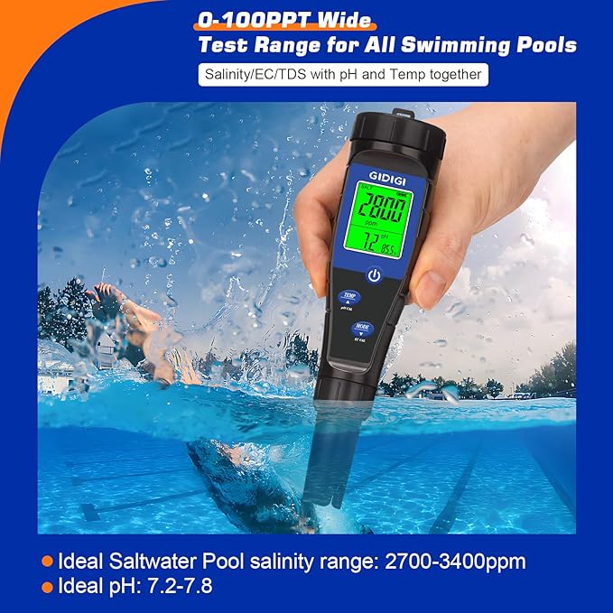 Salt Tester for Pool, pH Meter Digital 5-in-1 pH TDS EC Salt Content Meter with Calibration Solution Set, pH ppm Meter for Salt Water Pool, Aquarium, Hot Tub, Spa, Hydroponics, Home Brew
