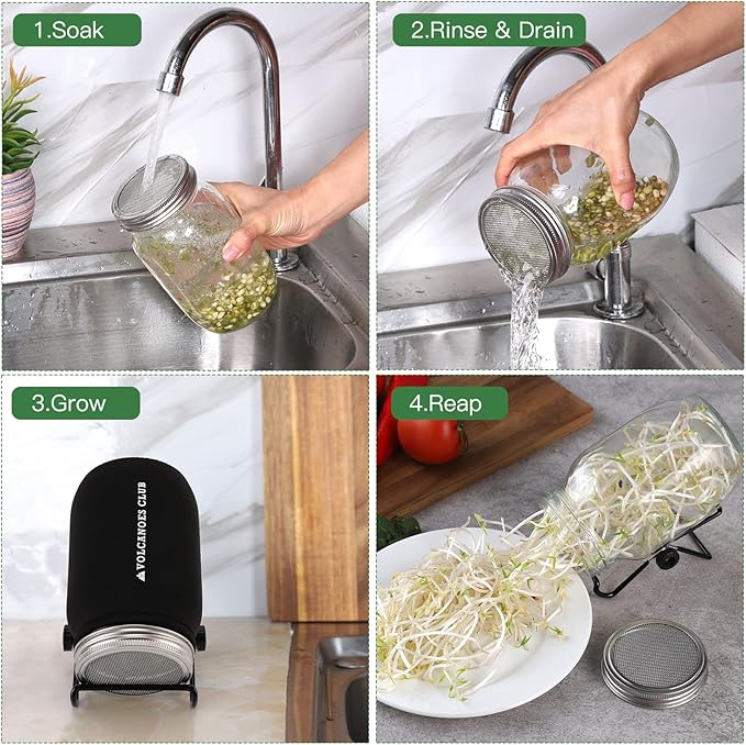 Sprouting Lids Growing Kit - 316 Stainless Steel Sprouting Lids for 86mm Wide Mouth Mason Jar with Adjustable Stands - Organic Sprouts, Broccoli, Alfalfa Mung Bean Sprout Kit (Set of 4)