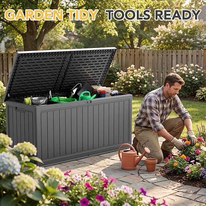 270 Gallon HDPE Deck Box Outdoor Indoor Waterproof Storage Box for Patio Furniture, Pool Accessories, Garden Tools, and Cushion Storage, Gray