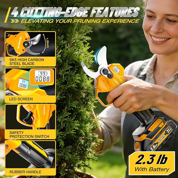 1.6"/ 41mm Electric Pruning Shears, Cordless Electric Scissors LCD Display＆SK7 Blades, 21V Brushless Motor Branch Cutter with 2 PCS Rechargeable 2000mAh Batteries & 2 Blades (Yellow)