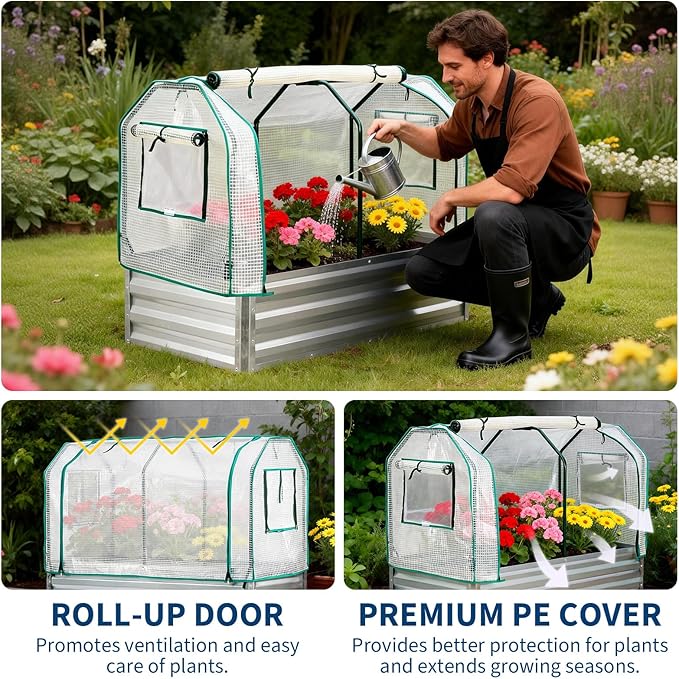 GarveeLife Raised Garden Bed with Legs, Galvanized Metal Elevated Garden Bed with Cover & Built-in Spray Tube, Raised Planter Box for Backyard, Patio, Balcony, 48x24x55 in, Silver